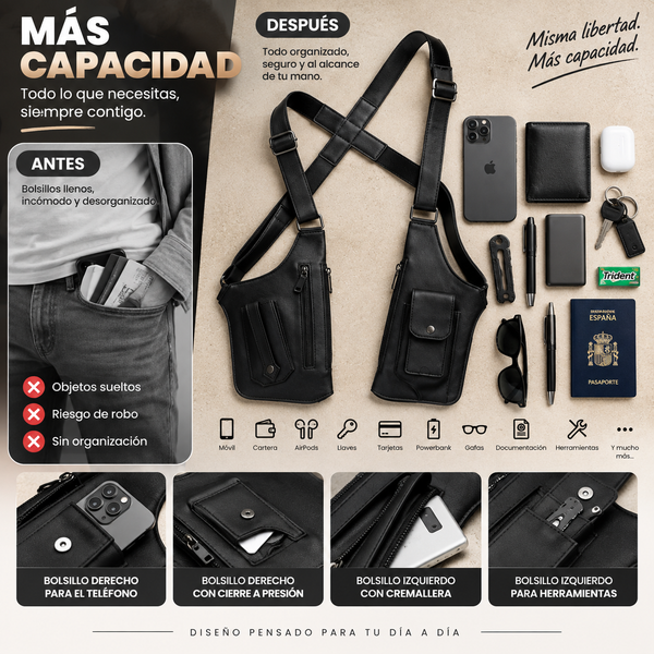 Bandolera Onyx — sling compacta antirrobo para el día a día